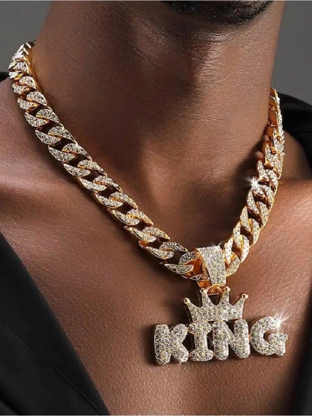 Gold-Tone 'KING' Cuban Link Necklace with Pavé Crystals